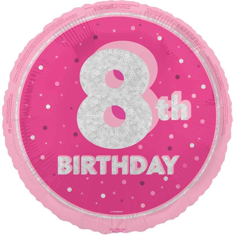 18"/ 46cm GLITZ PINK 8TH BIRTHDAY ROUND FOIL BALLOON