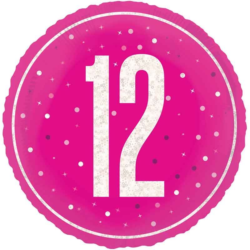 18"/ 46cm GLITZ PINK 12TH BIRTHDAY ROUND FOIL BALLOON