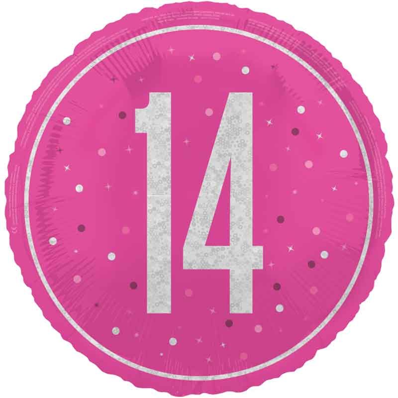 18"/ 46cm GLITZ PINK 14TH BIRTHDAY ROUND FOIL BALLOON