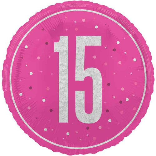 18"/ 46cm GLITZ PINK 15TH BIRTHDAY ROUND FOIL BALLOON
