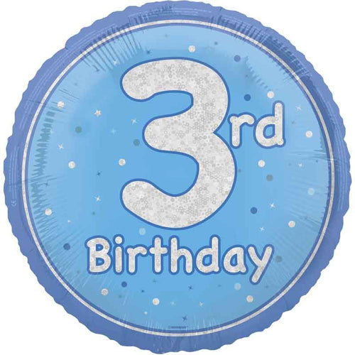 18"/ 46cm GLITZ BLUE 3RD BIRTHDAY ROUND FOIL BALLOON