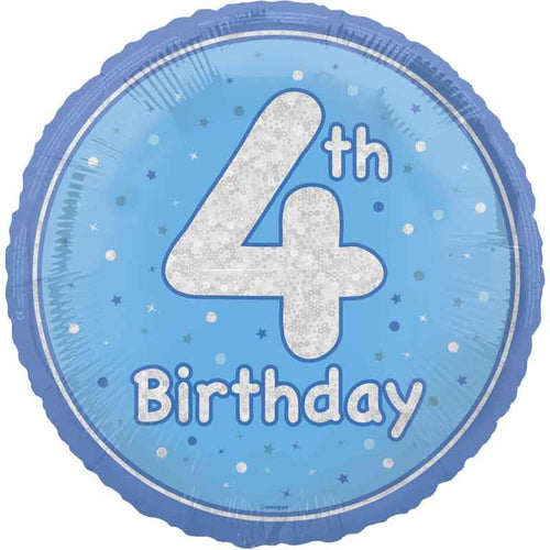 18"/ 46cm GLITZ BLUE 4TH BIRTHDAY ROUND FOIL BALLOON