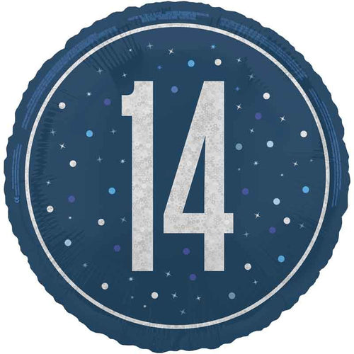 18"/ 46cm GLITZ BLUE 14TH BIRTHDAY ROUND FOIL BALLOON
