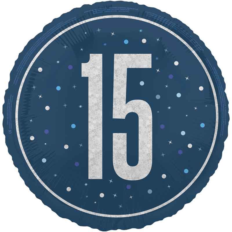 18"/ 46cm GLITZ BLUE 15TH BIRTHDAY ROUND FOIL BALLOON