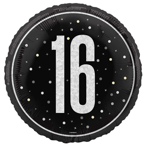 18"/ 46cm GLITZ BLACK 16TH BIRTHDAY ROUND FOIL BALLOON