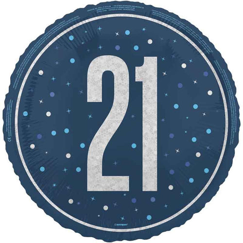 18"/ 46cm GLITZ BLUE 21ST BIRTHDAY ROUND FOIL BALLOON