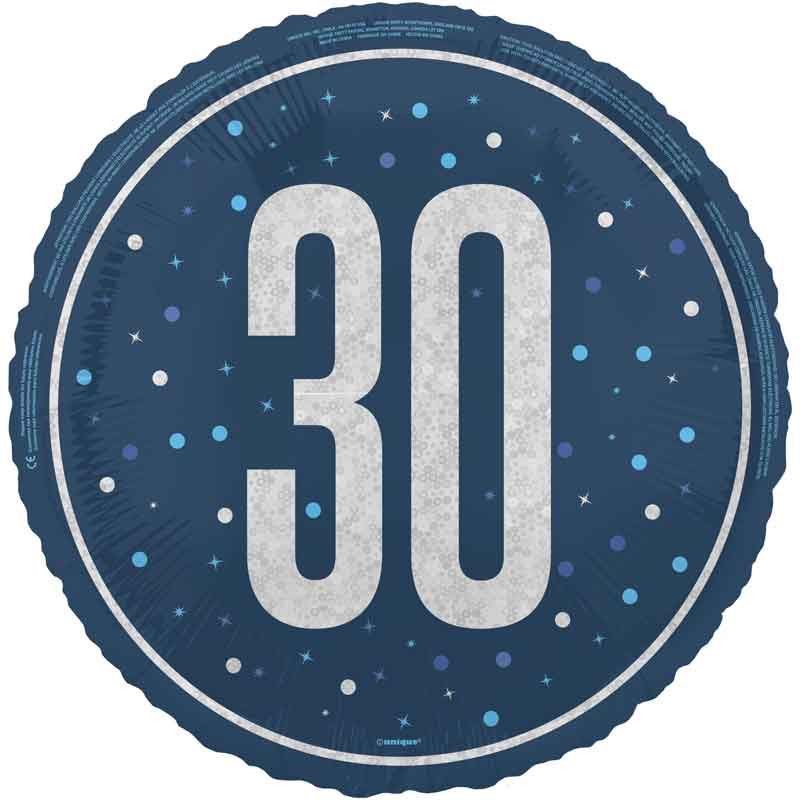 18"/ 46cm GLITZ BLUE 30TH BIRTHDAY ROUND FOIL BALLOON