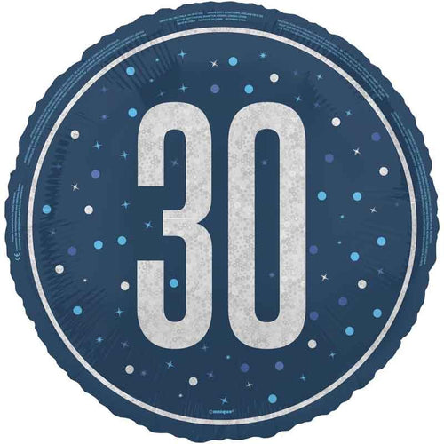 18"/ 46cm GLITZ BLUE 30TH BIRTHDAY ROUND FOIL BALLOON