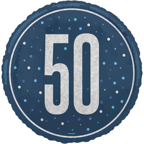 18"/ 46cm GLITZ BLUE 50TH BIRTHDAY ROUND FOIL BALLOON