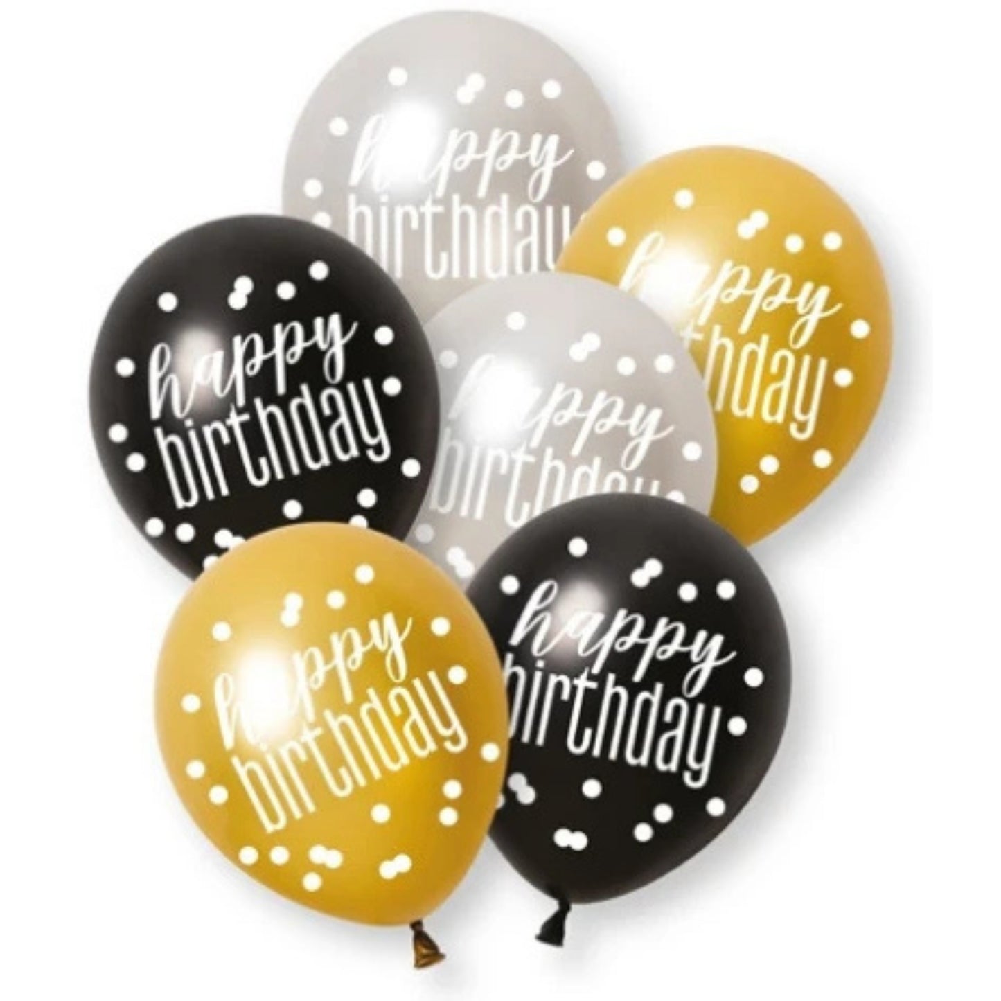 12"/ 30cm HAPPY BIRTHDAY GLITZ BLACK & GOLD LATEX BALLOONS (6 PACK)