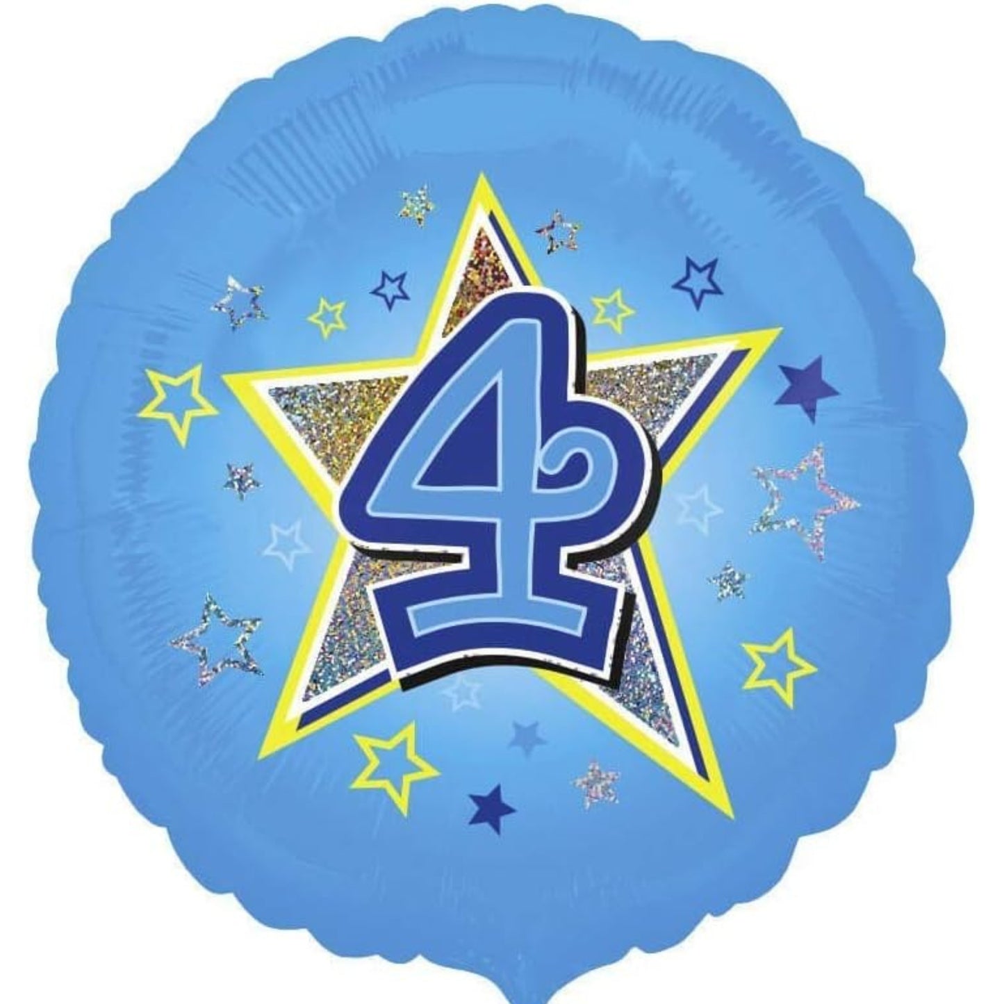 18"/ 46cm BLUE STARS AGE 4 HOLOGRAPHIC ROUND FOIL BALLOON