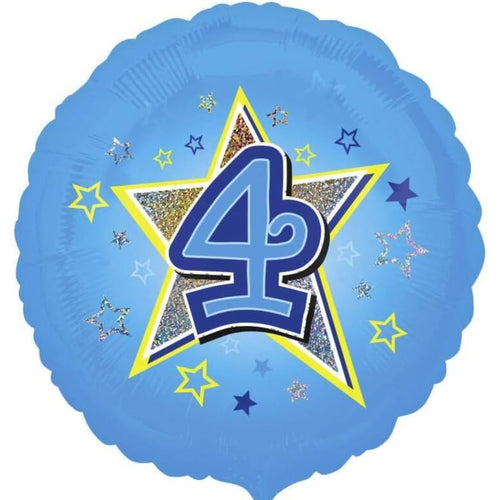 18"/ 46cm BLUE STARS AGE 4 HOLOGRAPHIC ROUND FOIL BALLOON