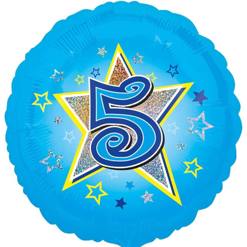18"/ 46cm BLUE STARS AGE 5 HOLOGRAPHIC ROUND FOIL BALLOON