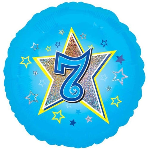 18"/ 46cm BLUE "7" WITH STARS ROUND FOIL BALLOON