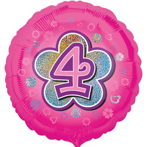 18"/ 46cm PINK FLOWERS AGE 4 HOLOGRAPHIC ROUND FOIL BALLOON