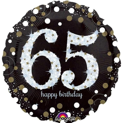 18"/ 46cm GOLD SPARKLES 65TH BIRTHDY ROUND FOIL BALLOON