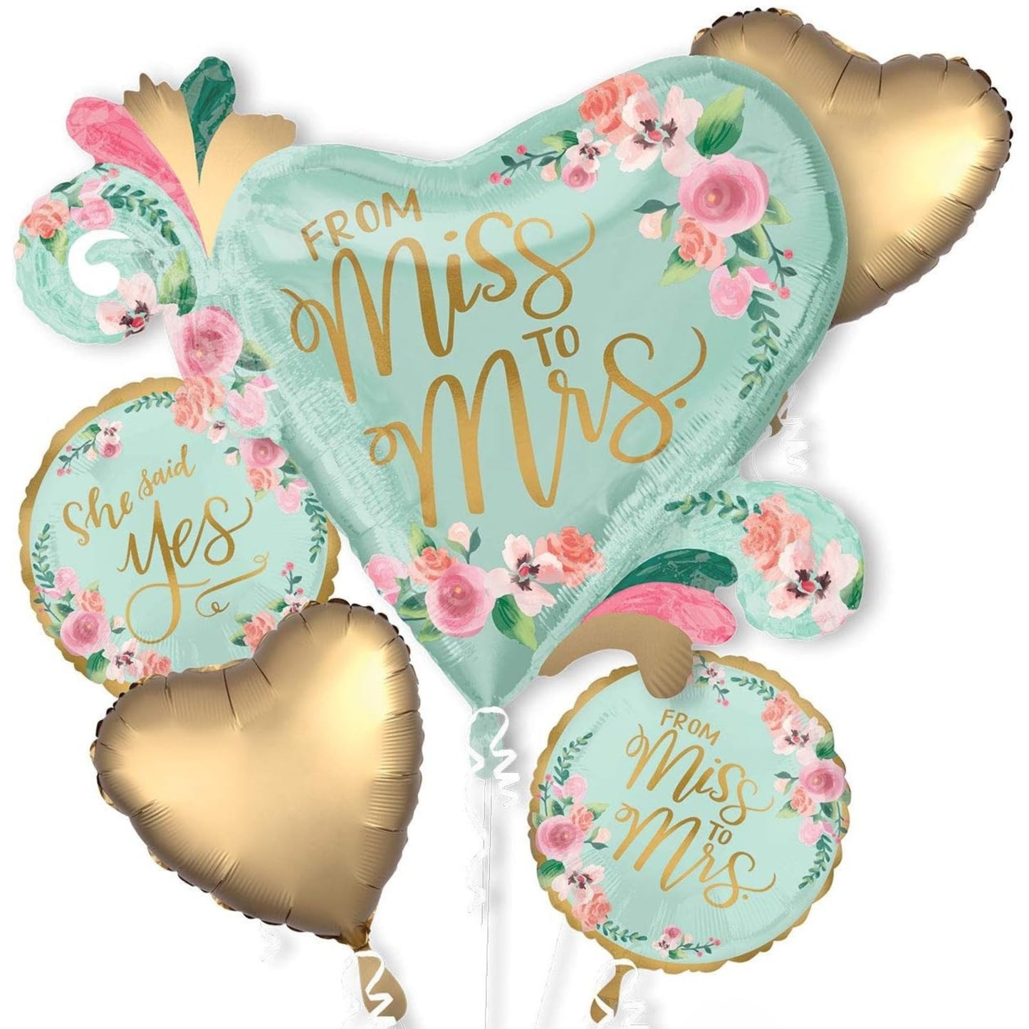 MINT TO BE ENGAGEMENT FOR BRIDE 5 PIECE FOIL BALLOON BOUQUET (1 x 32", 4 x 18"/ 1 x 81cm, 4 x 46cm)