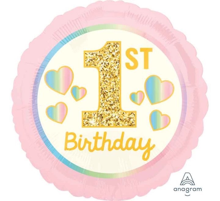 18"/ 46cm PINK WITH HEARTS 1st BIRTHDAY ROUND FOIL BALLOON