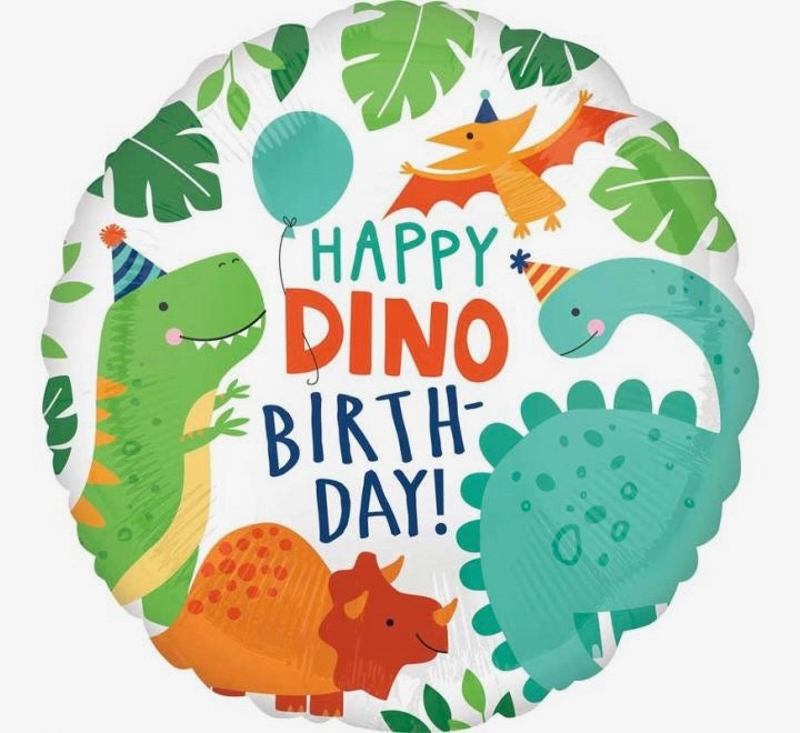 18"/ 46cm HAPPY DINO BIRTHDAY! DINOSAUR ROUND FOIL BALLOON