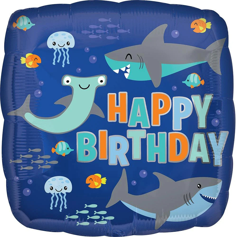 18"/ 46cm HAPPY BIRTHDAY SHARKS SQUARE FOIL BALLOON