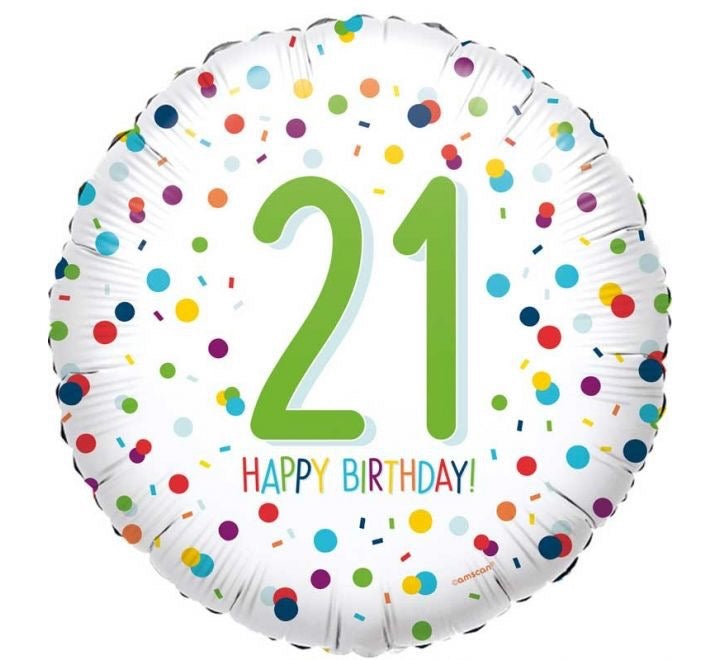 18"/ 46cm CONFETTI 21 HAPPY BIRTHDAY ROUND FOIL BALLOON