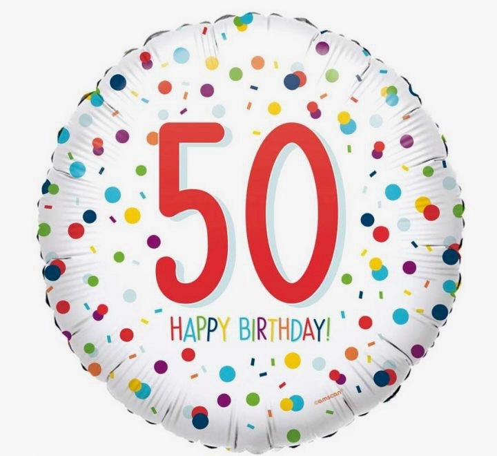 18"/ 46cm CONFETTI HAPPY 50TH BIRTHDAY ROUND FOIL BALLOON