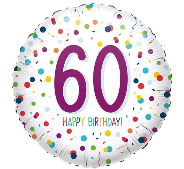18"/ 46cm CONFETTI HAPPY 60TH BIRTHDAY ROUND FOIL BALLOON