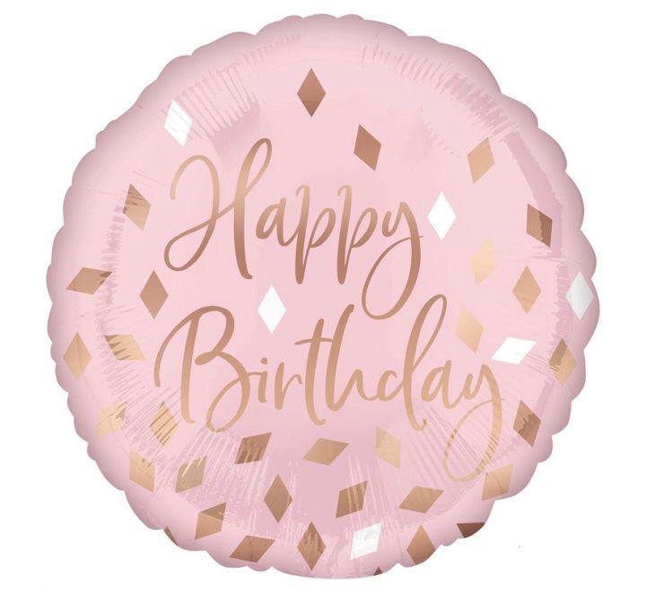 18"/ 46cm HAPPY BIRTHDAY GOLD CONFETTI BLUSH ROUND FOIL BALLOON