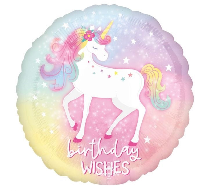 18"/ 46cm BIRTHDAY WISHES PASTEL UNICORN ROUND FOIL BALLOON