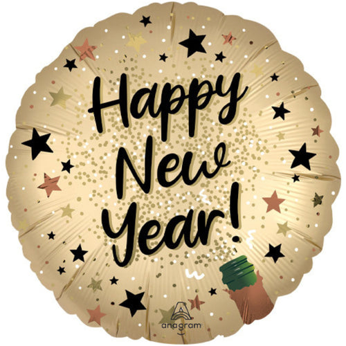 18"/ 46cm HAPPY NEW YEAR SATIN SPARKLE ROUND FOIL BALLOON
