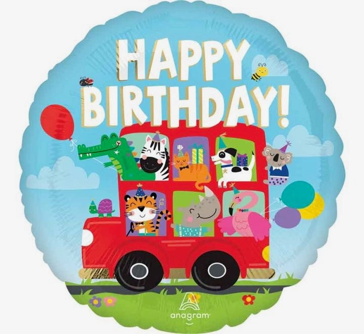 18"/ 46cm HAPPY BIRTHDAY! ANIMALS PARTY BUS ROUND FOIL BALLOON