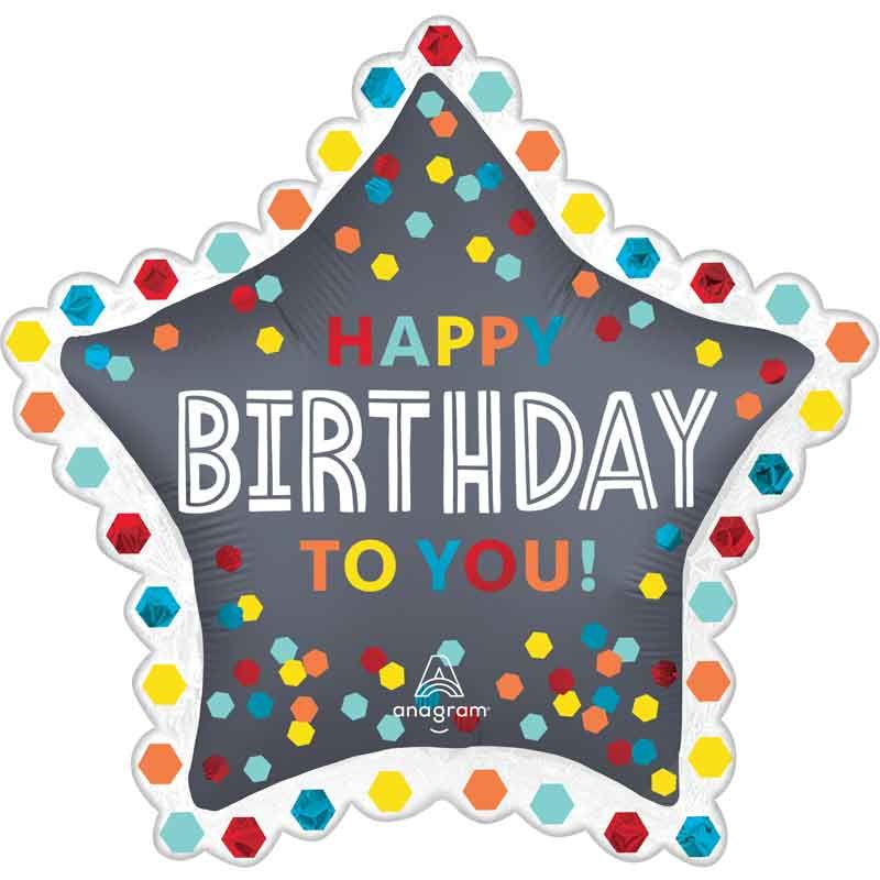 34"/ 86cm SATIN CONFETTI BURST BIRTHDAY GIANT STAR SHAPE FOIL BALLOON