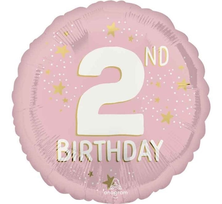 18"/ 46cm PINK WITH GOLD STARS 2ND BIRTHDAY ROUND FOIL BALLOON
