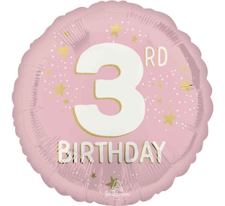 18"/ 46cm PINK WITH GOLD STARS 3RD BIRTHDAY ROUND FOIL BALLOON