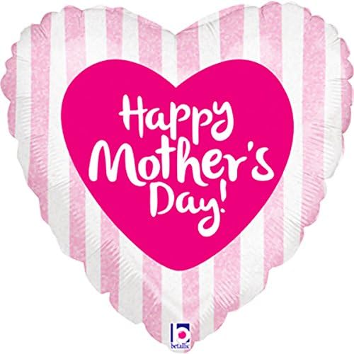 18"/ 46cm HAPPY MOTHERS DAY PINK STRIPES HOLOGRAPHIC HEART SHAPE FOIL BALLOON