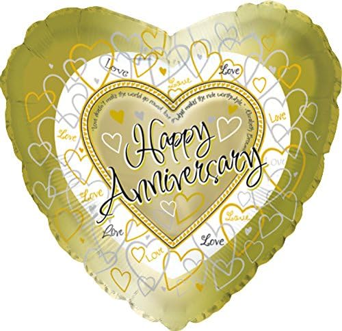 18"/ 46cm GOLD HAPPY ANNIVERSARY HEART SHAPE FOIL BALLOON