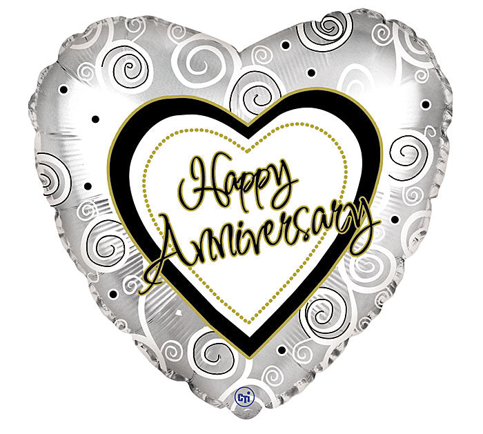 17"/ 43cm HAPPY ANNIVERSARY SWIRLS HEART SHAPE FOIL BALLOON