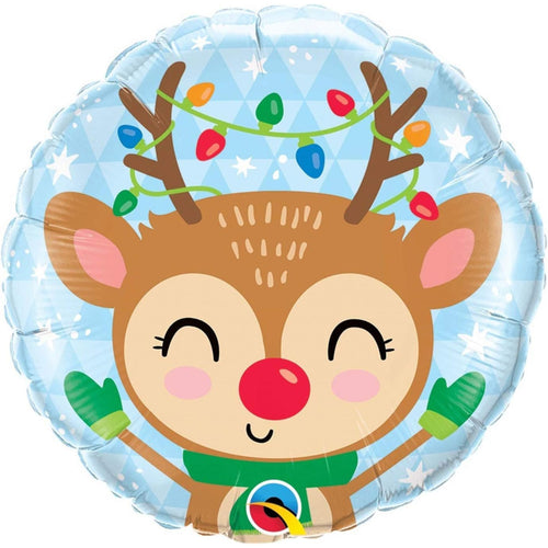 18"/ 46cm REINDEER & COLOURED LIGHTS ROUND FOIL BALLOON
