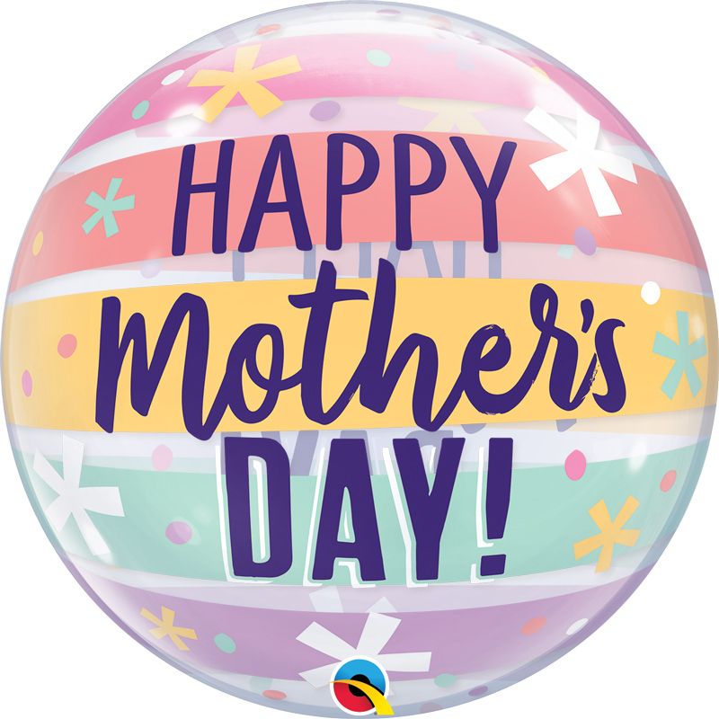 22"/ 56cm MOTHER'S DAY PASTEL STRIPES CLEAR BUBBLE SPHERICAL BALLOON