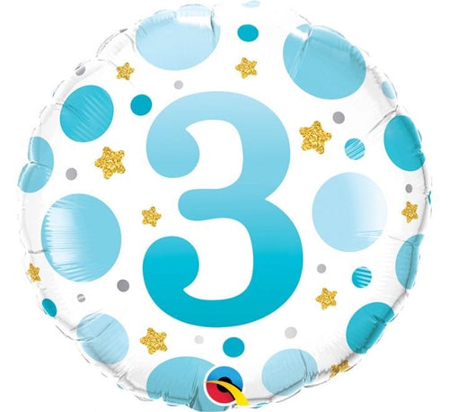 18"/ 46cm BLUE WITH GOLD STARS "3" ROUND FOIL BALLOON