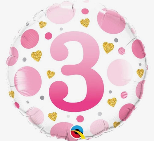 18"/ 46cm PINK "3" WITH GOLD HEARTS ROUND FOIL BALLOON