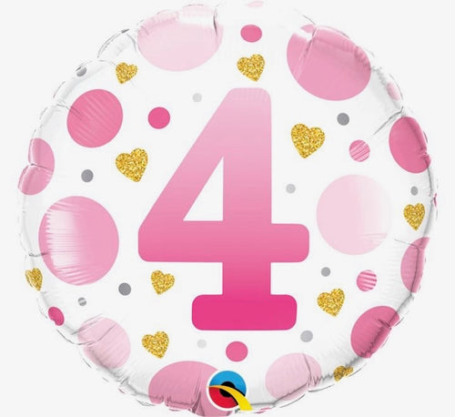 18"/ 46cm PINK "4" WITH GOLD HEARTS ROUND FOIL BALLOON