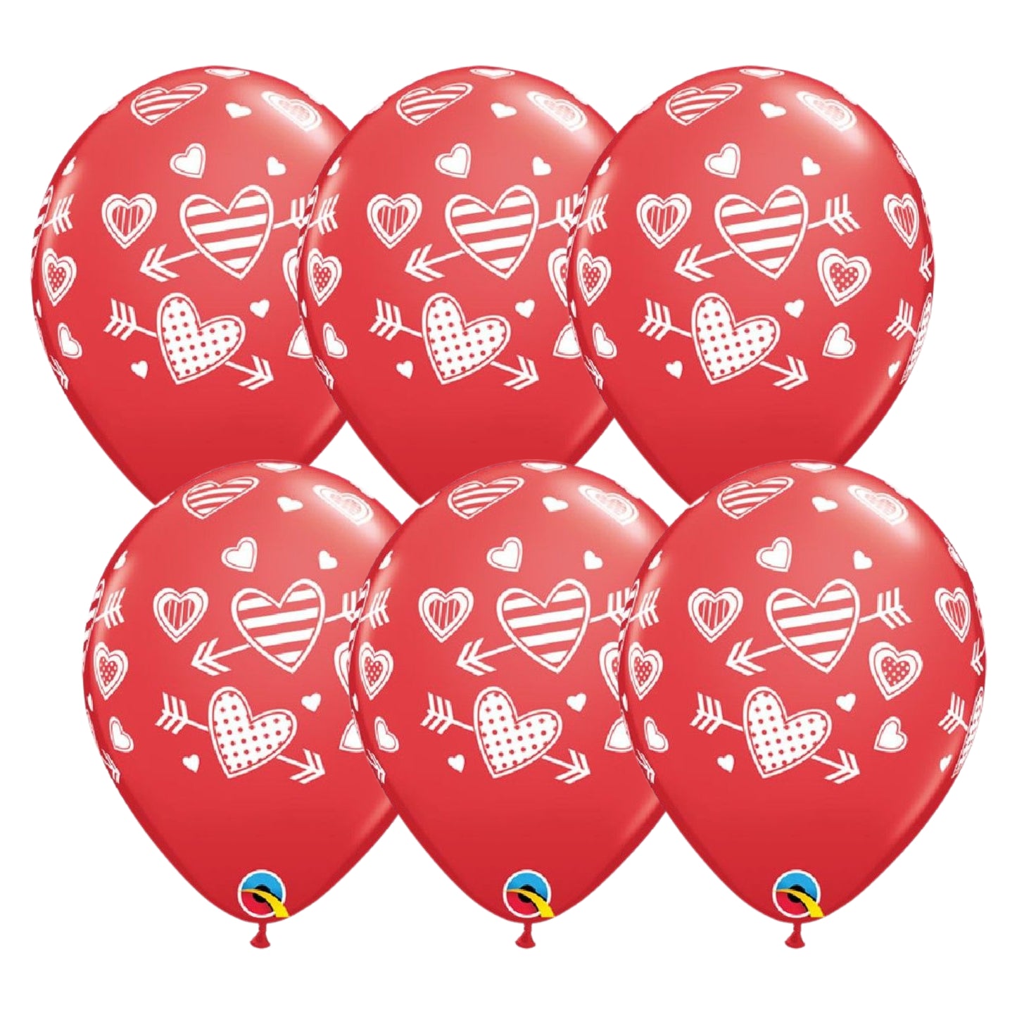 11"/ 28cm RED HEARTS & ARROWS LATEX BALLOONS - 6 PACK UNINFLATED