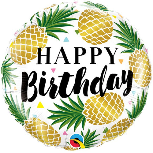 18"/ 46cm GOLDEN PINEAPPLE HAPPY BIRTHDAY ROUND FOIL BALLOON