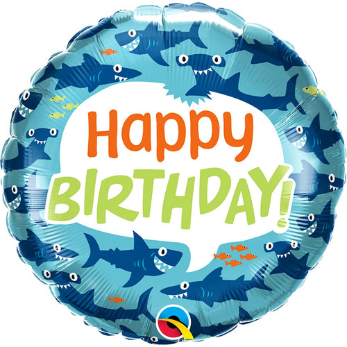 18"/ 46cm FUN SHARKS HAPPY BIRTHDAY ROUND FOIL BALLOON