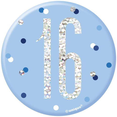 3"/ 8cm GLITZ BLUE 16th BIRTHDAY BADGE