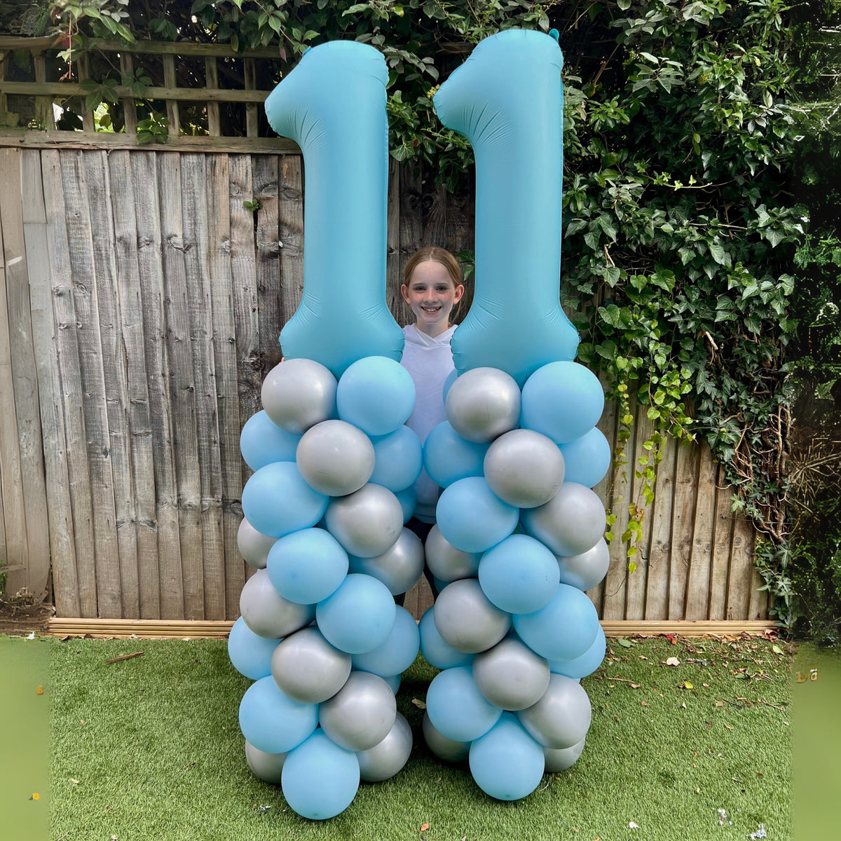 Pastel Blue & Silver Chrome Spiral Balloon Towers with Giant Matte Baby Blue '11' on top