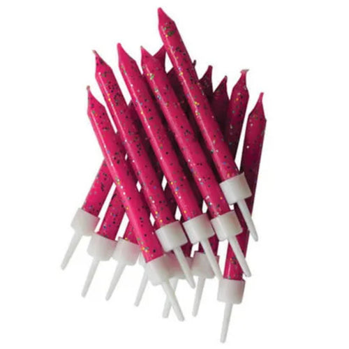 3"/ 7.5cm FUCHSIA GLITTER BIRTHDAY CANDLES WITH HOLDERS (12 PACK)
