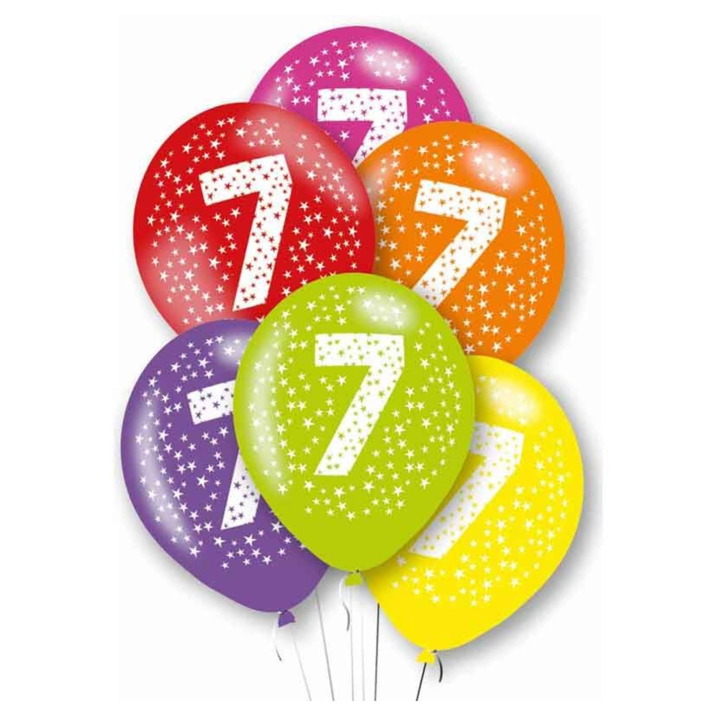 11"/ 27cm MULTICOLOURED AGE '7' 6 PACK LATEX BALLOONS