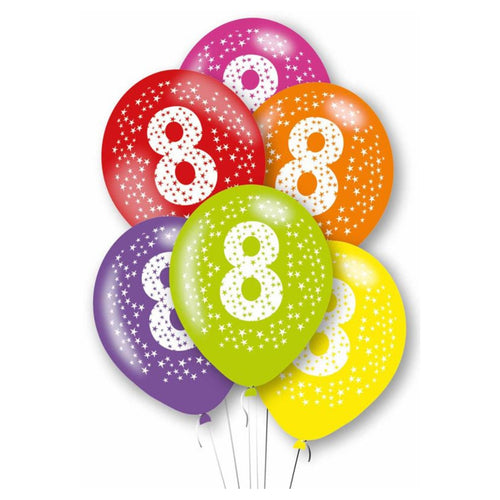 11"/ 27cm MULTICOLOURED AGE '8' 6 PACK LATEX BALLOONS